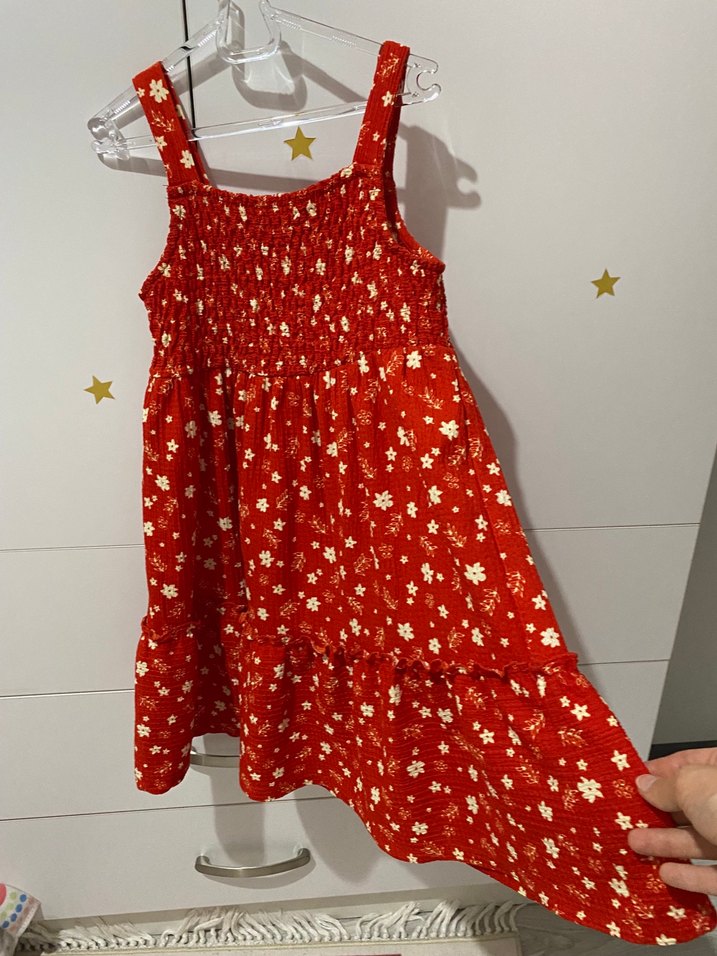 Kız Çocuk Kırmızı Askılı Çiçekli Elbise - Görsel 2