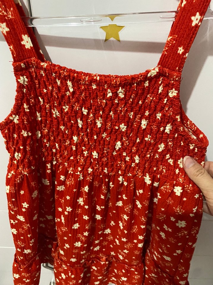 Kız Çocuk Kırmızı Askılı Çiçekli Elbise - Görsel 3