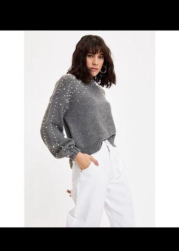 Boncuk Detaylı Gri Triko Kadın Kazak - Görsel 3