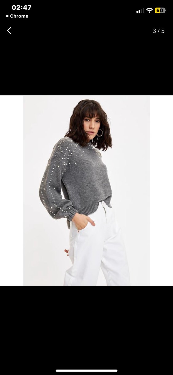 Boncuk Detaylı Gri Triko Kadın Kazak - Görsel 3