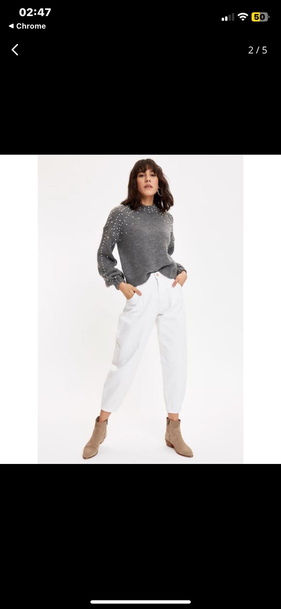 Boncuk Detaylı Gri Triko Kadın Kazak - Görsel 2