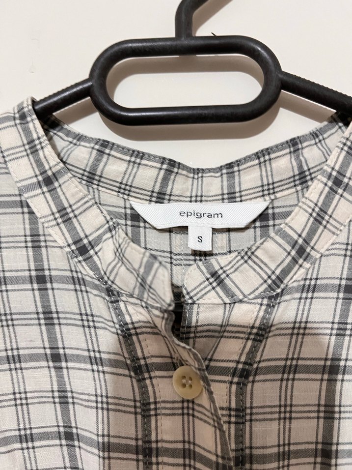 Gri Kareli Düğmeli Kadın Keten Gömlek - Görsel 2