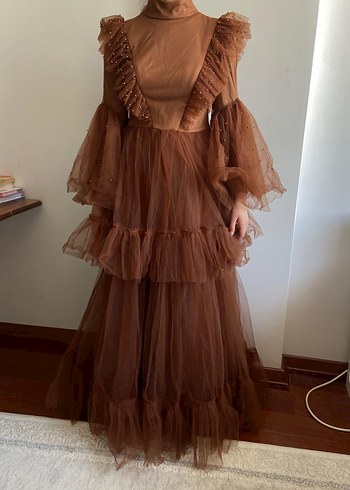 Kahverengi Uzun Bohem Vintage Elbise