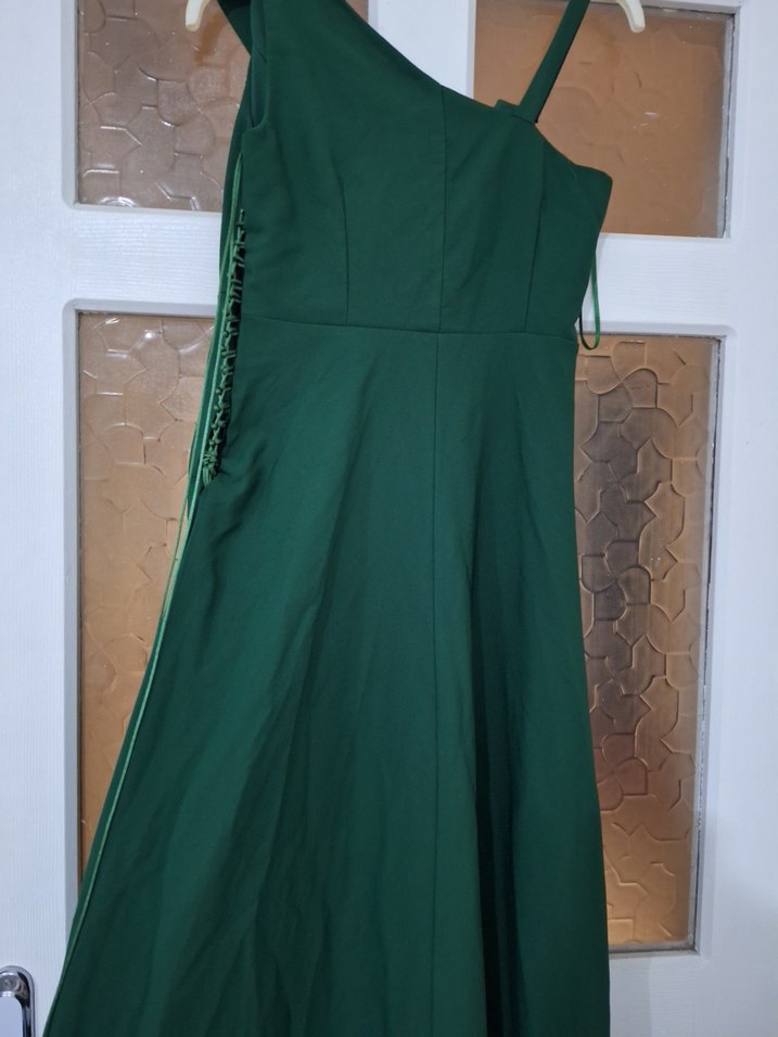 Uzun Yeşil Drapeli Straplez Abiye Elbise - Görsel 2