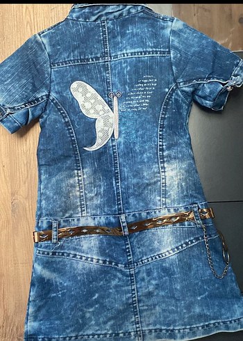 Kemerli Mavi Batik Denim Kız çocuk kot elbise - Görsel 2