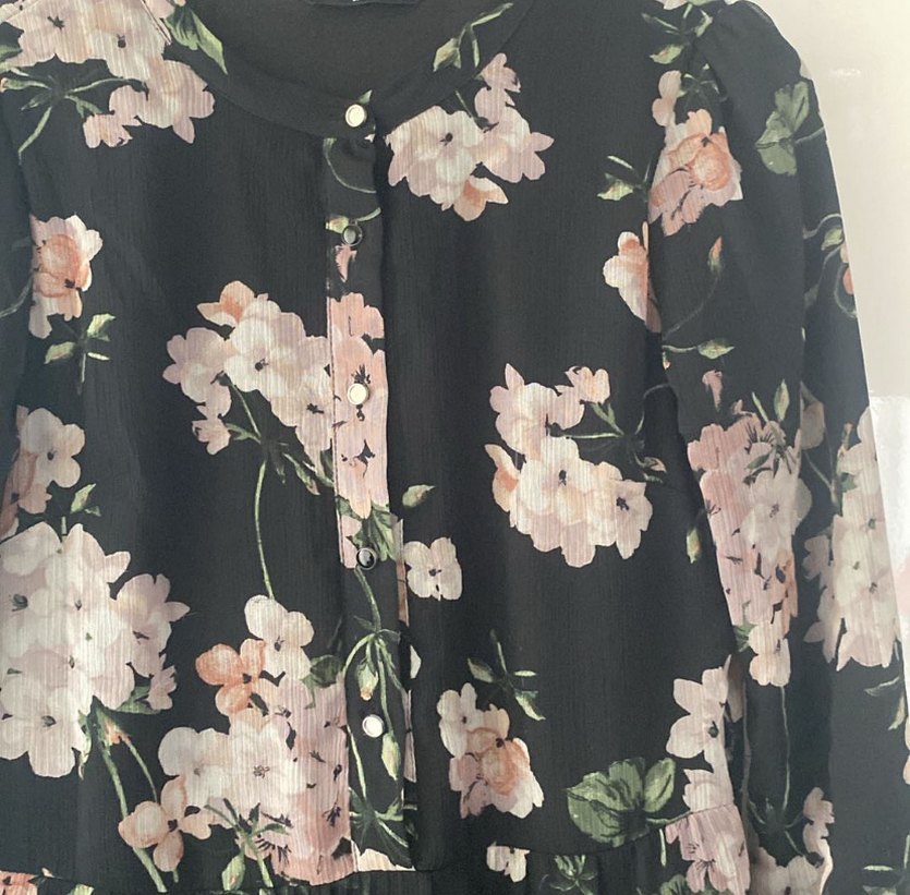 Düğmeli Siyah Çiçekli Uzun Elbise şifon tül - Görsel 2