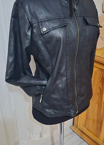 Siyah Deri Biker kadın Ceket - Görsel 9