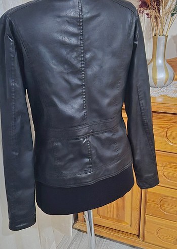 Siyah Deri Biker kadın Ceket - Görsel 7