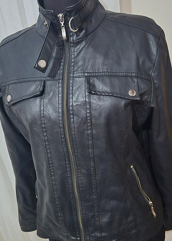 Siyah Deri Biker kadın Ceket - Görsel 2