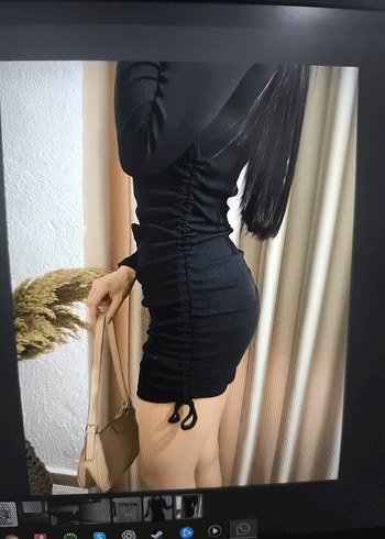 Deri Siyah Mini Elbise, Uzun Kollu - Görsel 2