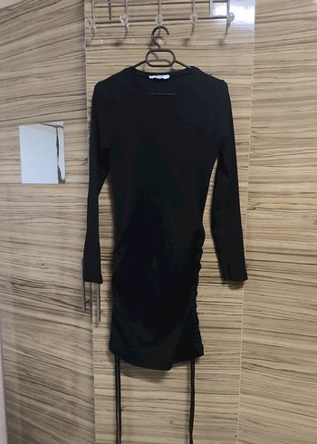 Deri Siyah Mini Elbise, Uzun Kollu - Görsel 3