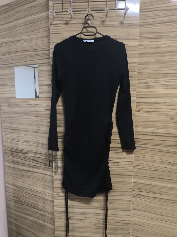 Deri Siyah Mini Elbise, Uzun Kollu - Görsel 3