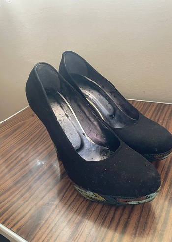 Tokalı Siyah Yılan Derisi Platform Topuklu Stiletto