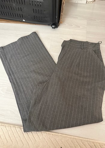 Gri Çizgili Keten Kadın Kumaş Pantolon - Görsel 2