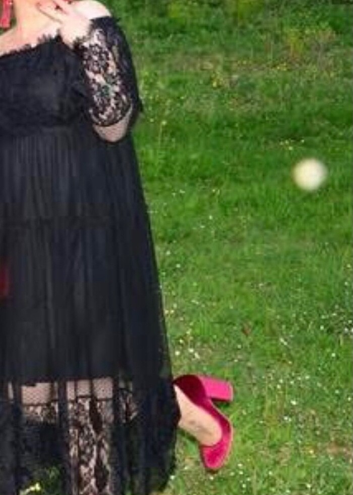 Modana yaka tül midi elbise - Görsel 3