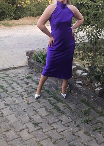 l Beden Midi mor halter yaka saten Kalem Elbise