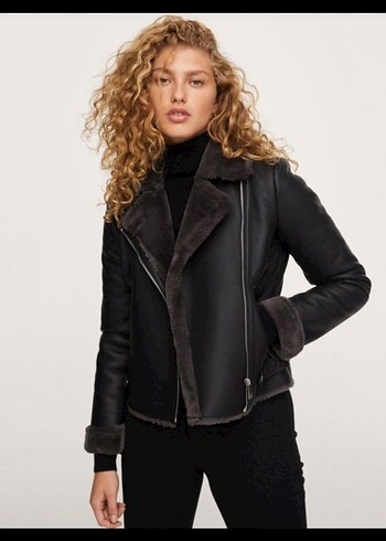 Kürk Detaylı Siyah Deri Biker Ceket - Görsel 2