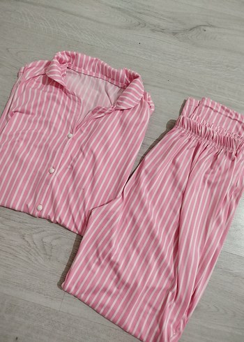 Pamuk Pembe Çizgili Midi Kadın Pijama Takımı