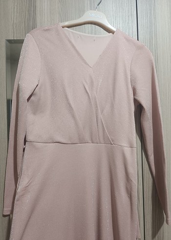 Pembe V Yakalı Uzun Kollu Salaş Elbise