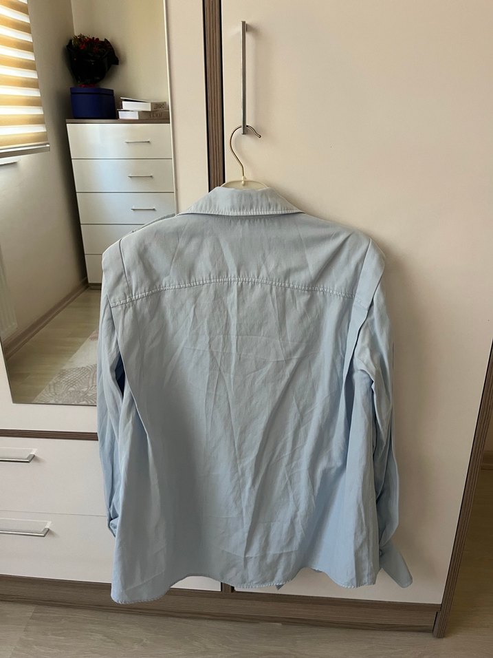 Düğmeli Mavi Kadın Keten Gömlek - Görsel 4