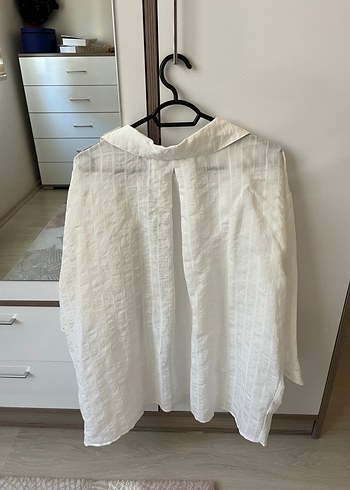 Kadın Beyaz Keten Düğmeli Gömlek - Görsel 2