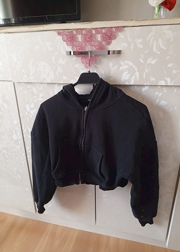 Kadın Siyah Kısa Fermuarlı Sweatshirt