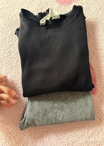 Kızlar için Gri Denim Sweatpant ve Siyah Uzun Kollu Tişört - Görsel 3