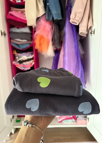 Kız Çocuk Çok Renkli Kalp Desenli Sweatshirt ve Eşofman - Görsel 4