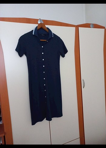 Düğmeli Lacivert Denim Midi Elbise