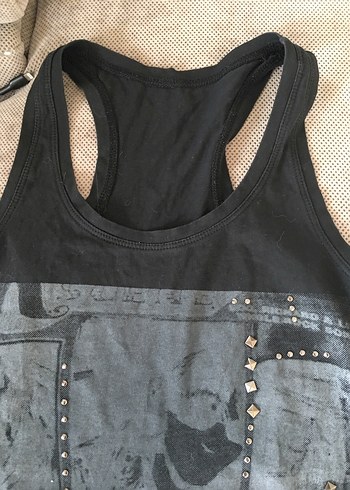 Payetli Baskılı Gri Rock Punk Straplez Kadın Atlet - Görsel 5