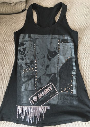 Payetli Baskılı Gri Rock Punk Straplez Kadın Atlet - Görsel 2