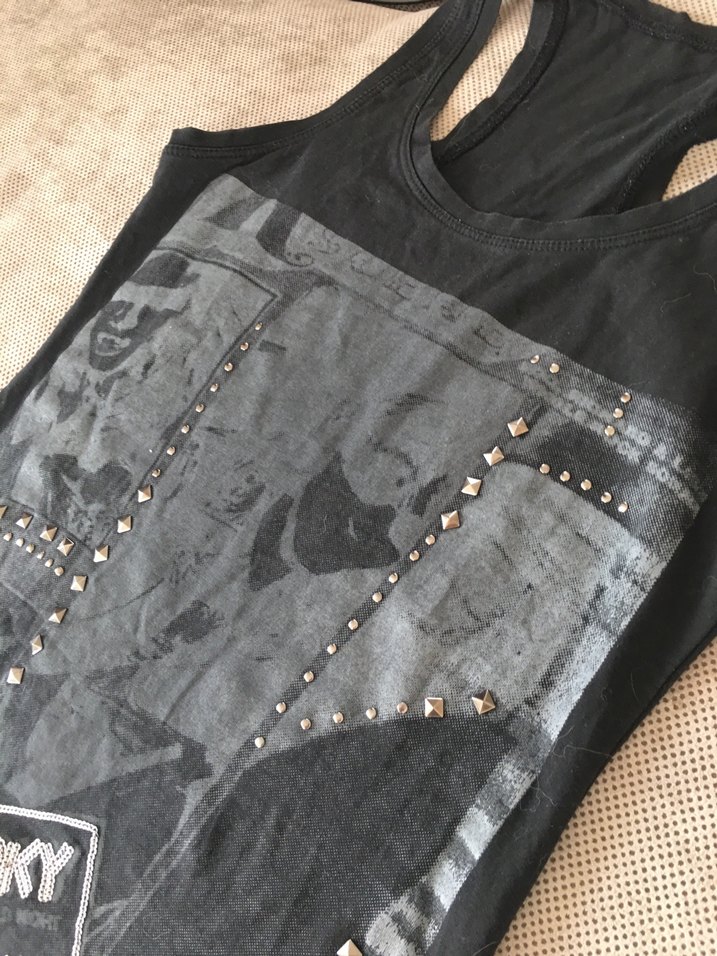 Payetli Baskılı Gri Rock Punk Straplez Kadın Atlet - Görsel 4