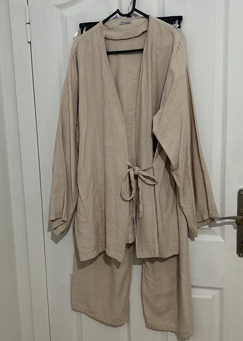 Bej Uzun Kollu Keten Kadın Kimono takımı - Görsel 3