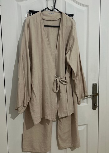 Bej Uzun Kollu Keten Kadın Kimono takımı - Görsel 2