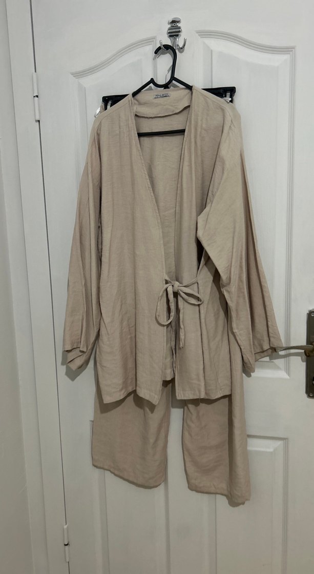 Bej Uzun Kollu Keten Kadın Kimono takımı - Görsel 3