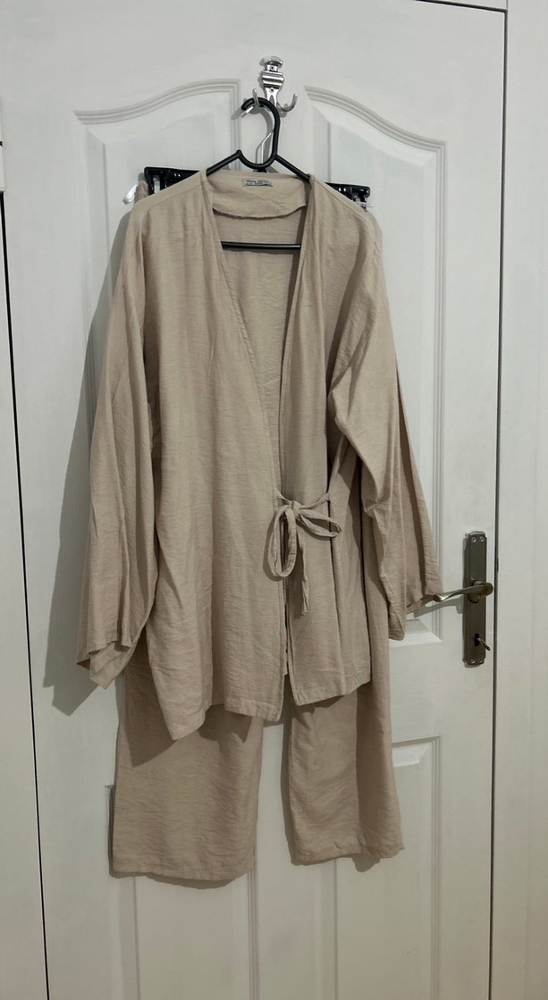 Bej Uzun Kollu Keten Kadın Kimono takımı - Görsel 2