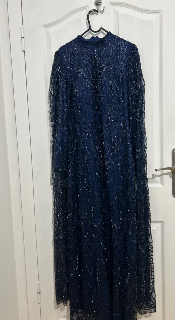 Uzun Kollu Lacivert Boncuk İşlemeli Abiye Elbise - Görsel 3