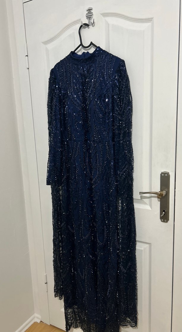 Uzun Kollu Lacivert Boncuk İşlemeli Abiye Elbise - Görsel 2