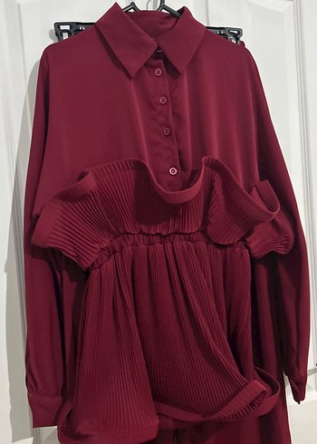 Bordo Şifon Uzun Kollu Kadın Takım - Görsel 2