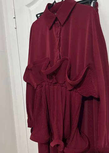 Bordo Şifon Uzun Kollu Kadın Takım - Görsel 3
