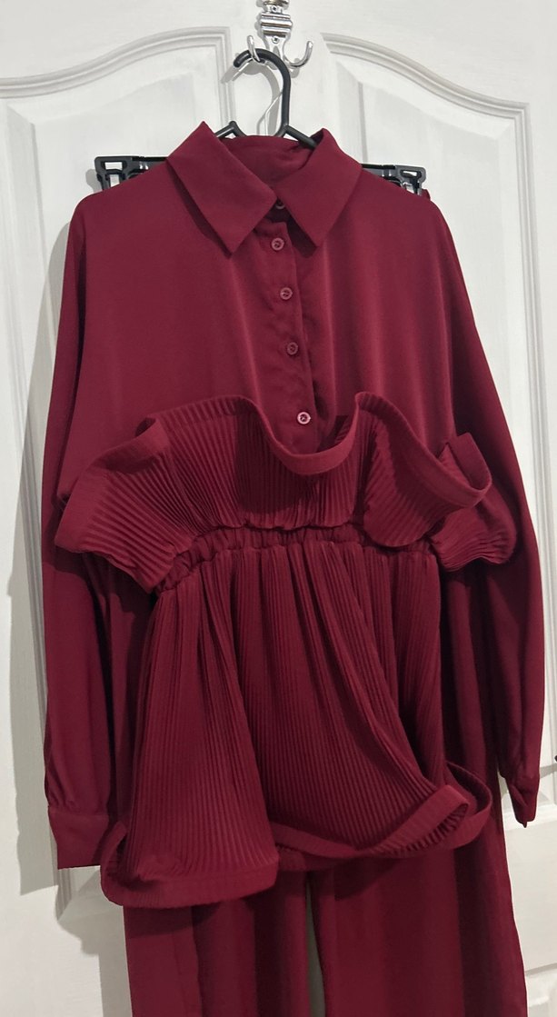Bordo Şifon Uzun Kollu Kadın Takım - Görsel 2