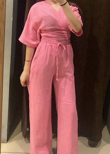 Pembe bağlamalı kısa kolu Keten takım