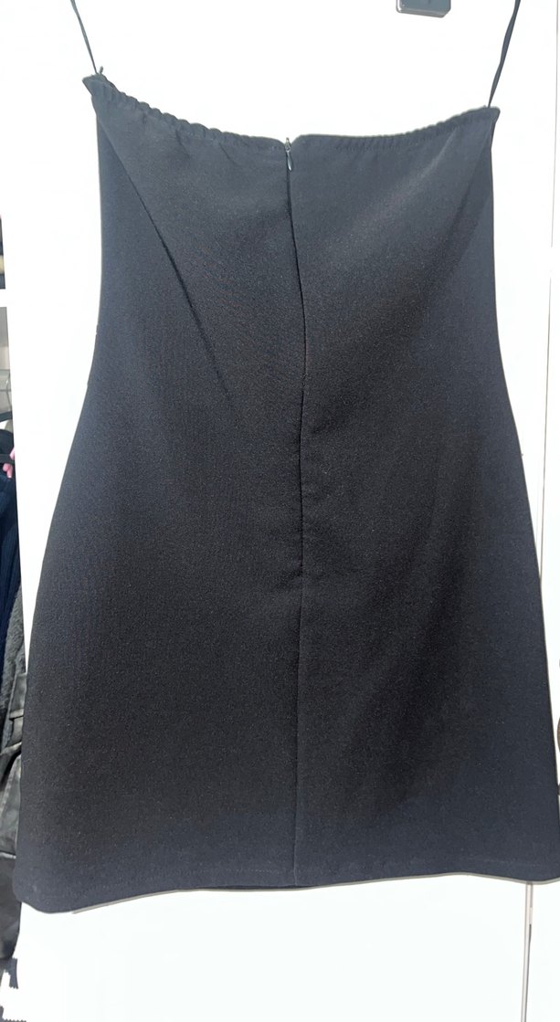 Siyah Straplez Midi Elbise beyaz Fiyonklu - Görsel 4