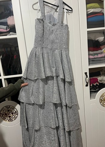 Gri Fırfırlı Abiye Elbise - Görsel 4