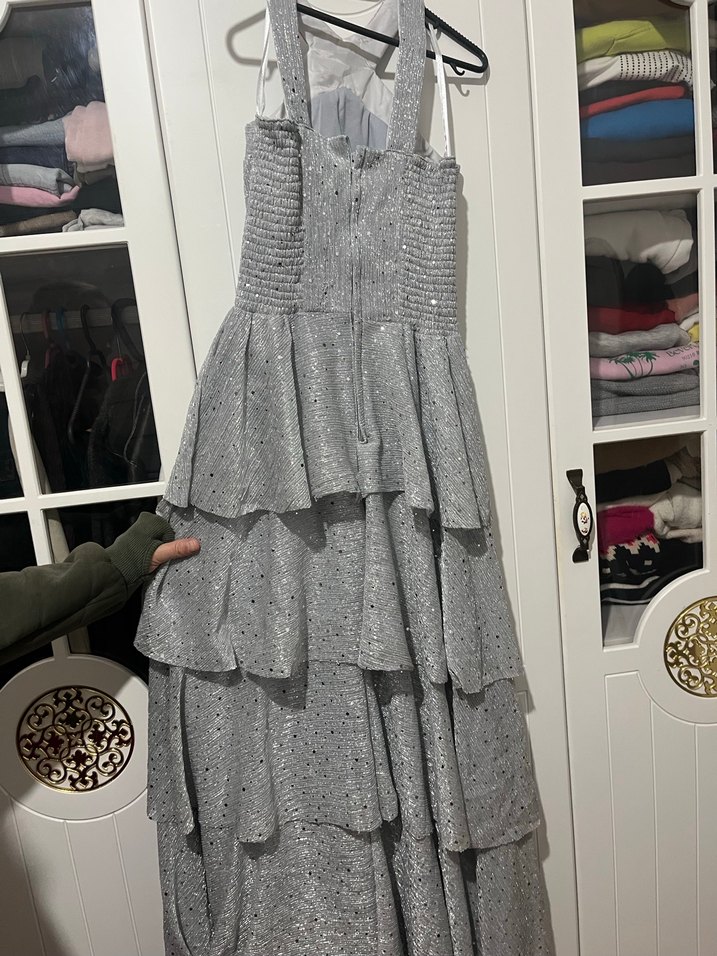 Gri Fırfırlı Abiye Elbise - Görsel 4