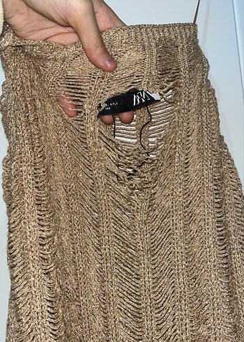 Bej simli  Örgü Midi Triko Kadın Kazak arkasında defolu - Görsel 5