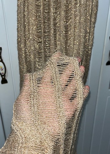 Bej simli  Örgü Midi Triko Kadın Kazak arkasında defolu - Görsel 3