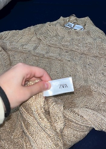 Bej simli  Örgü Midi Triko Kadın Kazak arkasında defolu - Görsel 6