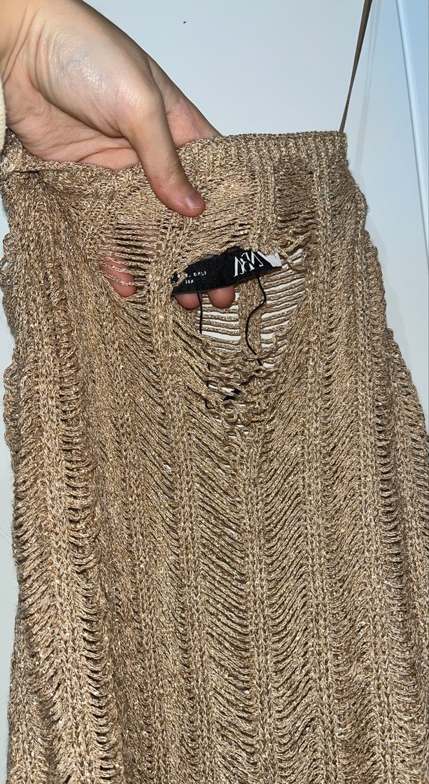 Bej simli  Örgü Midi Triko Kadın Kazak arkasında defolu - Görsel 5