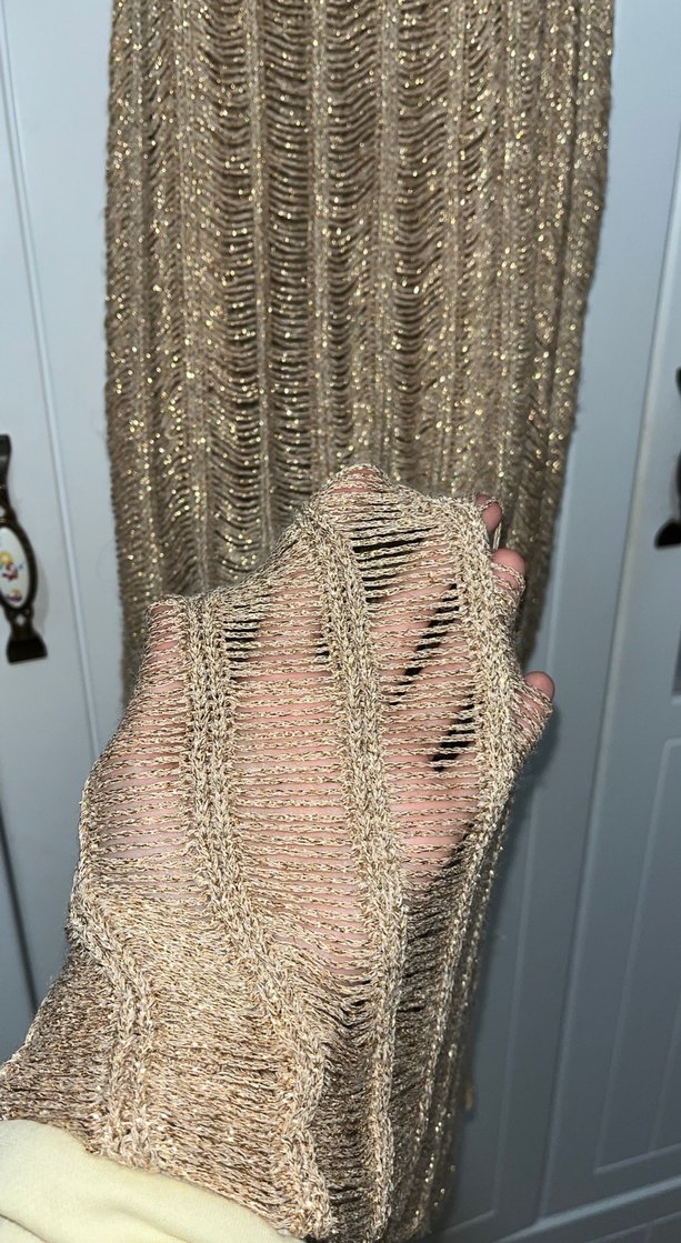 Bej simli  Örgü Midi Triko Kadın Kazak arkasında defolu - Görsel 3